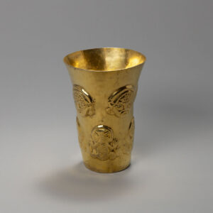 Sicán Tall Gold Beaker with Mask and Frog Motif